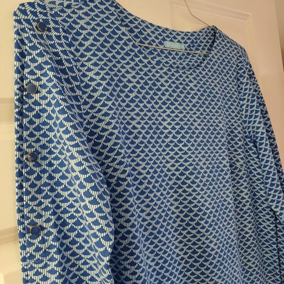 J. McLaughlin Shift Sheath Mod Fan Shell Print Blue Long Sleeve Dress - Picture 3 of 5